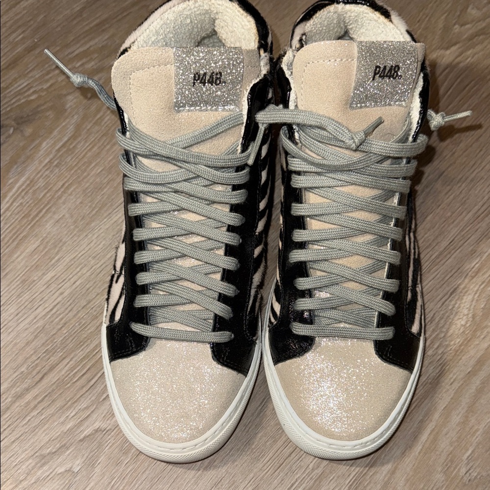 P448 Skate Sneaker Women's Zebra Pony Hair High Top Glitter
